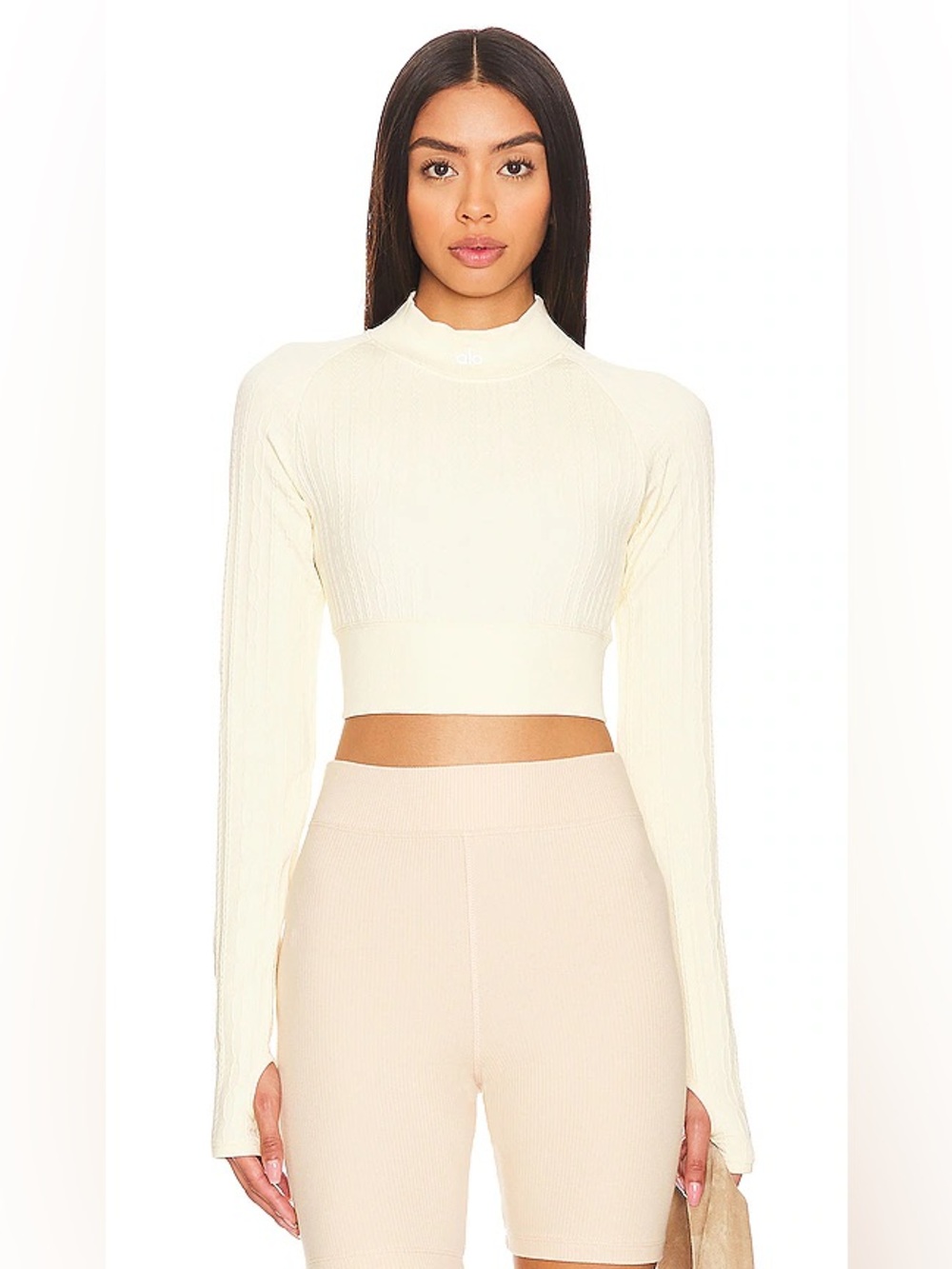Alo Yoga Seamless Cable Knit Long Sleeve Crop Top French Vanilla XS